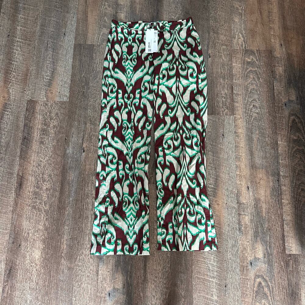 NWT Zara Printed Wide Leg Cotton Pants Sz XS Green & Brown 70s Boho - Picture 4 of 9
